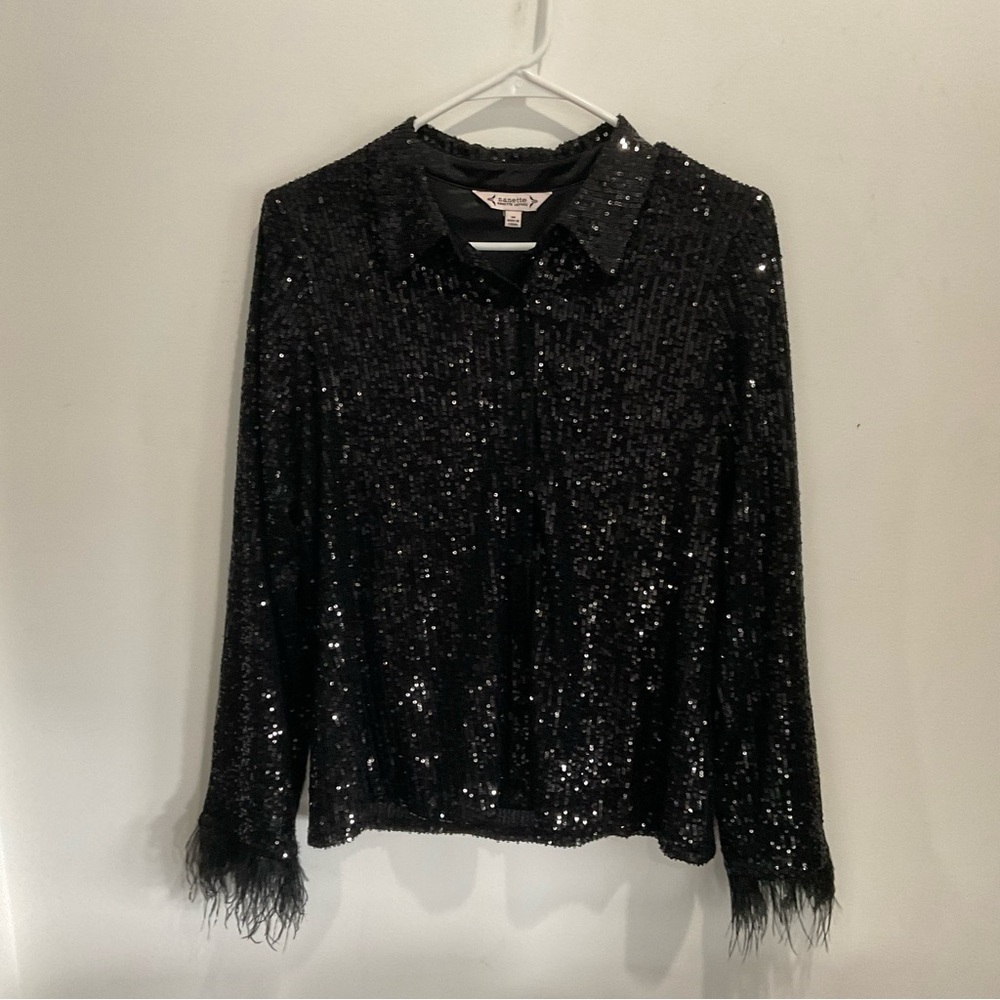Nanette Lepore Black Sequin Blouse Sz 8